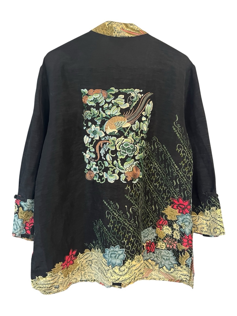 Citron Black Silk Embroidered Floral button up Tunic Top